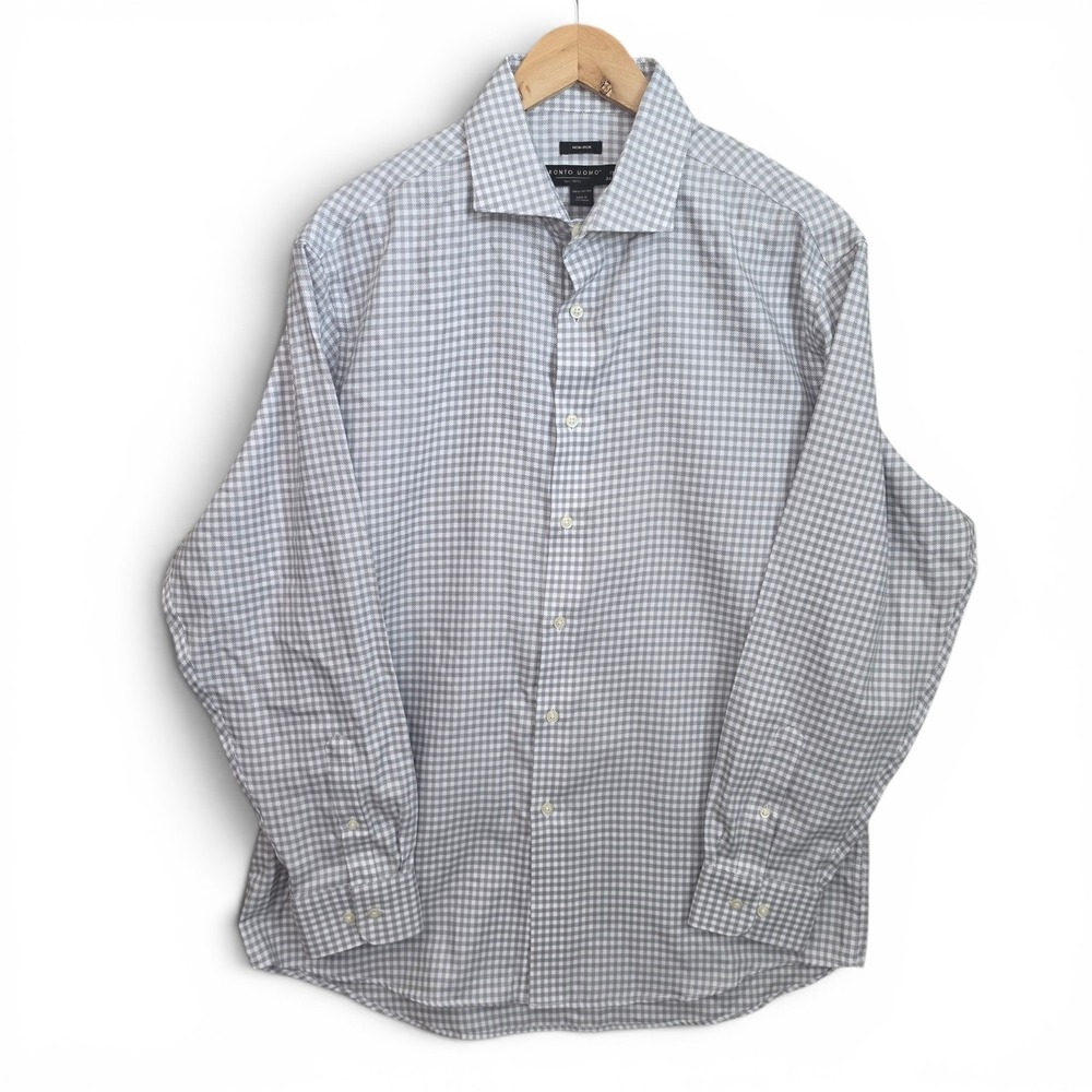 Pronto Uomo Dress‎ Shirt Mens 17 34/35 Gray Check Button Non Iron Career Cotton